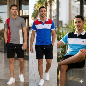Ensemble LACOSTE Polo Homme Gris Rouge | T-Shirt Polo  Texte LACOSTE Short Noir | Edition Signature 2025 | Algérie