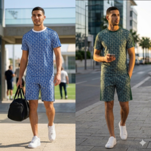 Ensemble LACOSTE Homme Bleu Royal Imprimé Géométrique |  T-Shirt Short All-Over Print | Style Bold 2025 | Algérie