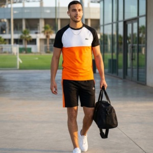 Ensemble LACOSTE Homme Blanc Orange Noir | T-Shirt Color  Block Short Noir Orange | Style Bold Été 2025 | Algérie