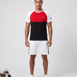 Ensemble LACOSTE Homme Blanc Rouge Noir | T-Shirt Color Block  Short Blanc | Sportswear Premium Été 2025 | Algérie