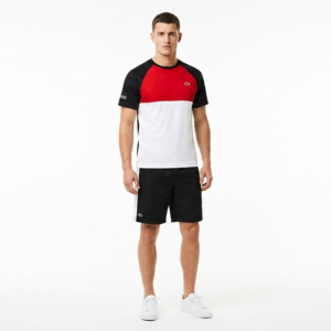 Ensemble LACOSTE Homme Rouge Blanc Noir | T-Shirt Raglan  Color Block Short Noir | Style Sport Luxe 2025 | Algérie