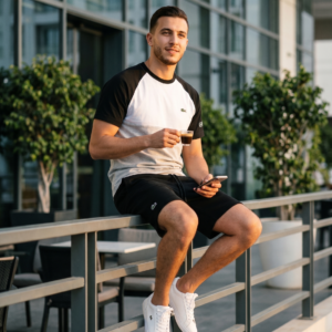 Ensemble LACOSTE Homme Noir Blanc Gris | T-Shirt Raglan  Color Block Short Assorti | Sport Luxe Été 2025 | Algérie