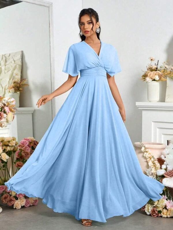 Robe Longue Bleu Ciel en Mousseline – Col V Cache-Cœur, Manches Papillon & Taille Froncée | Robe de Soirée Invitée Mariage